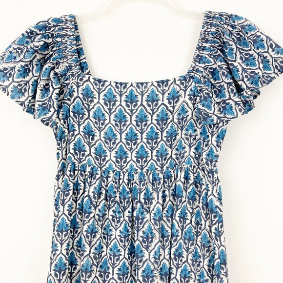 Saule Parc Milly Dress Size XS Blue Block Print Cotton Flutter Sleeves Eyelet - Picture 5 of 11